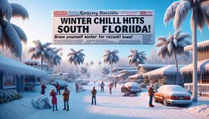 Render a realistic, high-definition image capturing the scene when winter chill strikes South Florida. The surroundings should reflect an unusual, record-breaking low temperature with a clear sky, palm trees visibly burdened by snow and ice, and people bundled up in winter clothing to combat the unexpected cold. Additionally, create an overlay of bold, eye-catching news headline text, stating 'Winter Chill Hits South Florida! Brace Yourself for Record Lows!', to augment the sense of urgency and surprise in the scene.