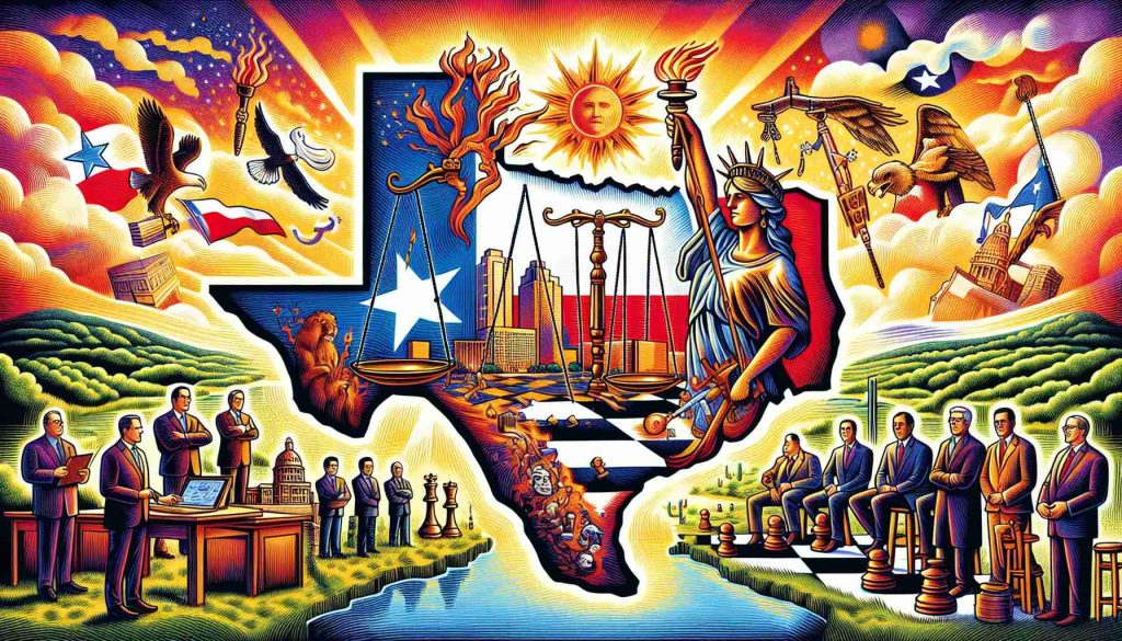 An illustrative representation showcasing a power shift in Texas politics. The scene is set in the state of Texas, encompassing its diverse landscape. Depicted vividly are symbolic elements of political transformation, such as a scale symbolizing balance or change, a torch representing enlightenment and a chess board signifying strategic decision-making. Please avoid using direct depictions of real politicians.