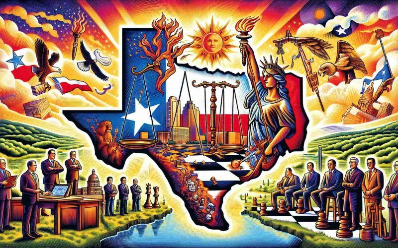 An illustrative representation showcasing a power shift in Texas politics. The scene is set in the state of Texas, encompassing its diverse landscape. Depicted vividly are symbolic elements of political transformation, such as a scale symbolizing balance or change, a torch representing enlightenment and a chess board signifying strategic decision-making. Please avoid using direct depictions of real politicians.