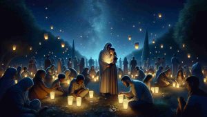 Detailed and realistic high-definition photo of an event titled 'A Night of Remembrance'. This should depict a peaceful and serene nighttime scene, possibly under a clear, star-filled sky. There could be dim lanterns floating in the cool night air, representing the memories of lost loved ones. People of varying descents are present; a Middle Eastern woman comforting a Black child, a South Asian man holding a lantern, and a white couple sharing a quiet moment. This event is meant to represent a unique, special farewell, creating a powerful yet somber atmosphere.