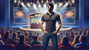 Create a detailed, high-definition image that captures the scene of a triumphant return of a game show competitor named Drew Goins to a popular trivia-based television show. Depict a stage buzzing with anticipation for the upcoming event, the crowd waiting in excitement for the 'Week of Redemption'. The central character should have medium-length dark hair, a fit physique and dressed in casual attire, like a polo shirt with denim jeans.