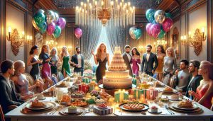 A high-definition and realistic portrayal of a birthday surprise celebration for a woman named Vida, by her family. The family, known for their stylish and fashionable appearances, have arranged a beautifully decorated party venue. There are colorful balloons, gleaming lights, and a large birthday cake as the center of attention. Tables are filled with beautifully wrapped presents and gourmet foods. Everyone is seen in stylish party attires and are expressing their joy and excitement for Vida's birthday. No specific individuals or public figures are conclusively identifiable in the scene.