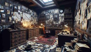 Generate a realistic, detailed and high definition image portraying a scene from a chilling crime drama that has been unsolved for years. Picture an old, weather-beaten detective's office, strewn with crime scene photos, clues and other evidence. The walls are adorned with detailed maps, timelines and elaborate theories charted over the years in a relentless quest for justice. Convey a sense of haunting mystery, gloom and frustration that comes with an unresolved cold case.