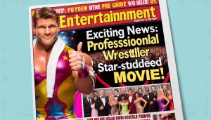 A high-resolution image depicting the headline 'Exciting News: Professional Wrestler Joins Star-Studded Movie!' on the front page of an entertainment magazine. The magazine cover features an image of an unnamed, muscular wrestler with a confident expression, dressed in vibrant wrestling attire, and a backdrop image of a glittering Hollywood movie set filled with actors. Please include the wrestler giving a thumbs up, as a sign of his excitement about his new movie role.