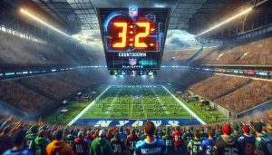 A hyper-realistic, high-definition image capturing the energetic atmosphere of a football stadium as the countdown towards the NFL playoffs begins. Imagine a display board showing a countdown timer with vibrant numbers ticking down, suggesting the anticipation of upcoming epic showdowns. The stadium is packed with excited fans dressed in various team colors, a gentle chill in the air signaling the autumn season. On the field, teams are warming up, practicing drills, shifting in and out of formations, embodying the spirit of competitive sportsmanship.