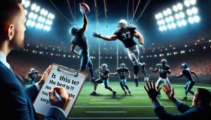 Generate a high-definition realistic scene where a football game is in action. In the heart of it, there's a tight end player, a giant amidst the athletes, reaching high to catch a ball. Stadium lights illuminate the scene, and spectators gasp in anticipation. In the foreground, a sports commentator holds a clipboard with the sentence 'Is this the best TE? You might be surprised!' written on it.