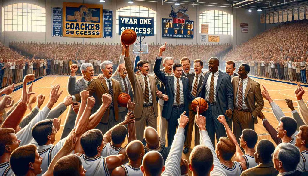 A detailed and realistic high definition image that illustrates the success of the inaugural year of college basketball coaching. It includes scene of a gymnasium, team huddles with coaches of unspecified gender and varying descents like Caucasian, Hispanic, Black, Middle-Eastern, and South Asian. The scene is replete with evidence of triumph -- the scoreboard showcasing a major win, happy and excited expressions on faces, and hands lifted high in the air with basketballs. The background filled with banners that read 'Year One Success' and 'Coaches Defy Expectations'.