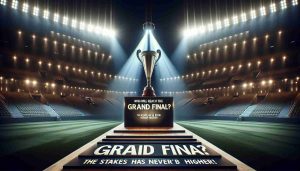 High-resolution realistic image of a conceptual representation for an important competitive event. The image can depict a grand stage with a spotlight illuminating a big trophy, with stadium seats in the background. The text 'Who Will Reach the Grand Final? The Stakes Have Never Been Higher!' is prominently displayed in a bold, eye-catching font. Excitement and anticipation fill the atmosphere.