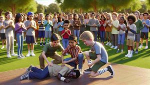 Render a high-definition, realistic image illustrating overcoming bullying and adversity. Show a park scene with different kids who appear to be from various descents such as Caucasian, Hispanic, Black, Middle-Eastern, South Asian, and White. They are engaged in a powerful scene of unity and empathy, helping a tearful boy who is South Asian stand up after a fall. Surrounding them is a crowd of kids showing awe and support, symbolizing a positive change in behavior. Make sure to capture the moment of enlightenment and compassion among the kids.