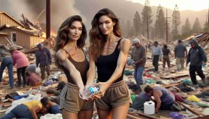 A high-definition image portraying a scene of devastation in California caused by a natural disaster. Two philanthropic identical twin sisters, with long brown hair and athletic builds, are seen offering aid and support to the affected populace. They are handing out essentials like water and blankets to the distressed people including men, women and children of various descents such as Caucasian, Hispanic, Asian, and African American. Their expressions are a mix of empathy and determination, indicative of humanity's resilience in the face of adversity.