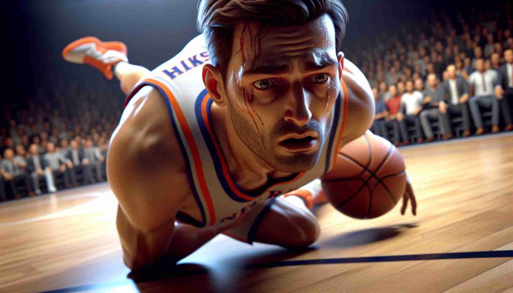 A high-definition, realistic image of an unidentified professional basketball player, who plays for a renowned New York basketball team. He appears to have narrowly avoided a severe injury during a game, causing a great deal of concern. The scene depicts the crucial moment when he seemingly escapes the injury, an expression of relief and resilience evident on his face.