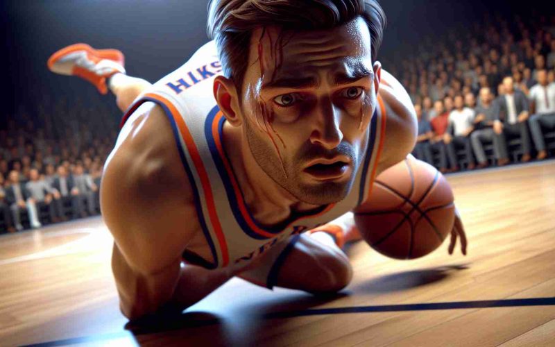 A high-definition, realistic image of an unidentified professional basketball player, who plays for a renowned New York basketball team. He appears to have narrowly avoided a severe injury during a game, causing a great deal of concern. The scene depicts the crucial moment when he seemingly escapes the injury, an expression of relief and resilience evident on his face.