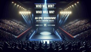 High-definition, realistic rendering of a competitive stage set for an immense showdown. The atmosphere is tense as the crowd anticipates an epic clash between two formidably strong, unknown competitors. Finely detailed with elements such as a spotlight beam cutting the dimness, audience members waiting with bated breath, and a boldly lettered banner overhead announcing, 'Who Will Win? An Epic Showdown Awaits!'