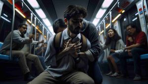 High-resolution image of a tense scene on a subway: a South Asian man has narrowly survived a deadly attack. He is visibly shaken but unscathed, clutching his chest in relief. The background shows a subway train in a dimly lit tunnel, overhead lights flickering. His attacker, a Caucasian woman, is being restrained by a group of diverse bystanders. Fear and relief are evident in his eyes.