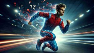 Realistic HD photo of a young, athletic individual energetically competing in a Formula 1 race, wearing a red and blue suit. Such vigor hints his potential to be a future legend of the sport. Streams of questions fill the air – Can he break records? Will he change the course of racing history?