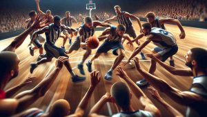 An intense, highly-detailed image of a large-scale basketball match in progress. Players frantically crisscross the court, their athletic bodies in mid-motion, trying to gain control over the ball. Focus on capturing the raw emotion and tension in the air, the crowd erupting in various reactions. Please do not represent any specific professional team or identifiable players. Depict a variety of races and genders among the players for true representation of an international sport.