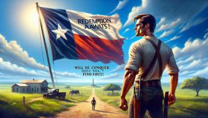 A realistic high-definition image showing a generic man, exemplifying the aesthetics of rugged determination and anticipation. His posture is erect and his gaze is focused on a path heading towards a flag bearing a lone star, symbolizing Texas. The scenario puts emphasis on the theme of redemption and victory, with the question lingerings - Will he conquer? The scene is set in daylight, with bright skies fostering hope. This is all set in vibrant colors and crisp details, creating an overall vivid and intense atmosphere. The words 'Redemption Awaits! Will He Conquer Texas? Find Out!' float in bold letters in the sky.