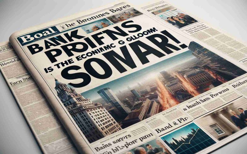 A HD, realistic image of a newspaper front page. The main headline reads 'Bank Profits Soar! Is the Economic Gloom Over?'. The headline is in large, bold font in black color, set against the background of the white page. There are relevant photos accompanying the headlines - like a graph showing the rise in bank profits, images of bustling city business districts, and a bank building. The front page is broken up by columns of smaller news stories and a masthead at the top.