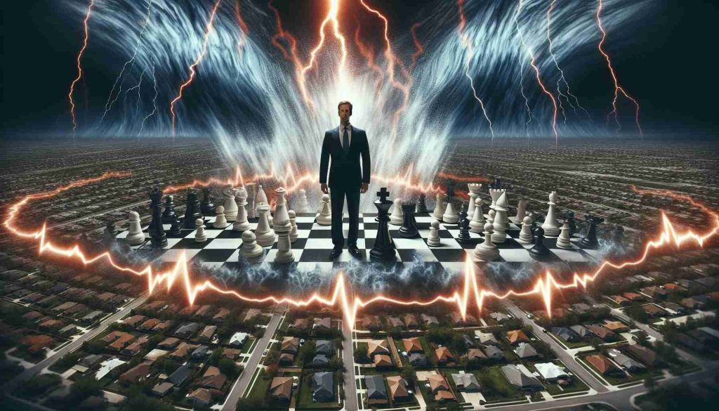 A highly detailed and realistic image depicting shockwaves symbolizing upheaval, set against a backdrop of a suburban area, perhaps Thornton Township. The atmosphere is palpable with tension and controversy. Center stage, a new figure, perhaps represented as a chess piece, is appointed, indicating change in leadership. It's clear from the situation, however, that this metaphorical chess game is not yet over.