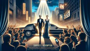 Create a high-definition cinematic poster for a fictional drama film. The design should emphasize elements of surprise and redemption. Include visual cues such as a man and woman of unspecified descent in formal outfits exiting a limousine, a large crowd with mixed reactions, and a cityscape in the background. Illuminate the scene with spotlight to heighten the dramatic feel.