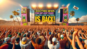 Generate a highly detailed and realistic image showcasing the excitement of hip-hop fans. The scene shows a sunny outdoor festival, called 'Rolling Loud California', which has comeback after a break, loud music is playing from large stage speakers. A huge crowd of diverse fans is ecstatic, cheering, dancing and waving hands in the air. Include a big banner announcing 'Exciting News for Hip-Hop Fans! Rolling Loud California is Back!' in bold vibrant colors.