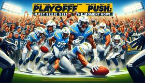 A visual embodiment of the phrase 'Playoff Push: Chargers Must Seize the Moment Now!'. Picture an intense American football game on a clear day, with action frozen at the peak of a defining moment. The Chargers, a team of players of diverse genders and descents, are seen giving their all. Caucasian, Hispanic, Black, Middle-Eastern, South Asian, White players equally represented. An electric energy is evident in the scene. The backdrop features a lively crowd of fans cheering the Chargers on, expressing excitement, fear, hope and anticipation all at once. Remember, this should be realistic and high-definition.