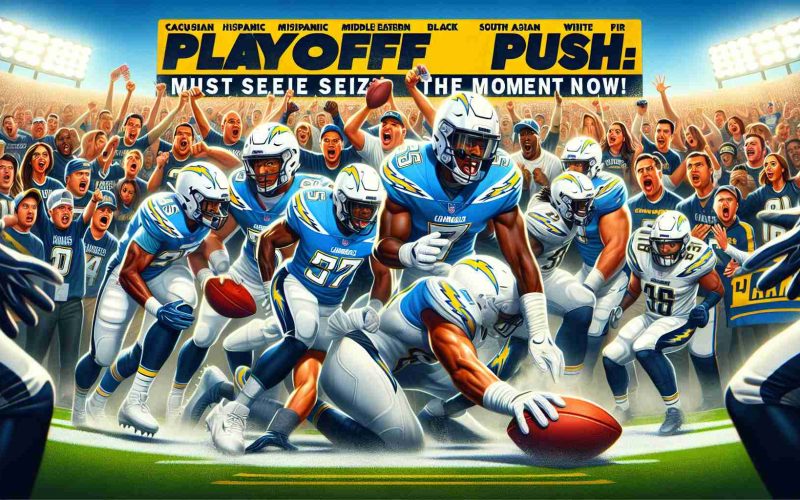 A visual embodiment of the phrase 'Playoff Push: Chargers Must Seize the Moment Now!'. Picture an intense American football game on a clear day, with action frozen at the peak of a defining moment. The Chargers, a team of players of diverse genders and descents, are seen giving their all. Caucasian, Hispanic, Black, Middle-Eastern, South Asian, White players equally represented. An electric energy is evident in the scene. The backdrop features a lively crowd of fans cheering the Chargers on, expressing excitement, fear, hope and anticipation all at once. Remember, this should be realistic and high-definition.