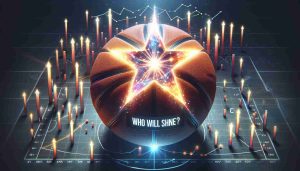 An HD image visualizing the concept of 'Who Will Shine?' in regards to professional basketball all-star voting trends. The design could include a bright shining star at the center which could represent the all-star player. The star is embedded within a basketball, effectively combining elements of sports and performance. Graphical representation of voting trends, such as rising and falling arrows or bar graphs, could be incorporated into the background. The image should capture the anticipation and excitement associated with all-star voting in the basketball world.