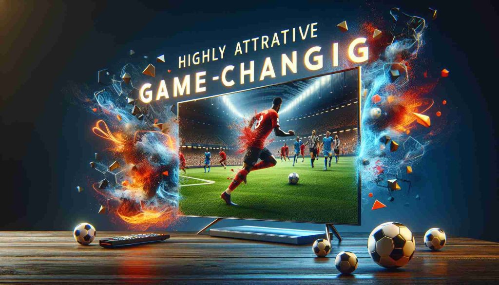 High definition realistic depiction of a thematic advertisement for a highly attractive streaming deal, specifically tailored for the upcoming football season. This involves imagery of a streaming service interface displayed on a modern TV screen showing a football match, accompanied by splashy graphics and promotional texts highlighting the 'game-changing' deal.