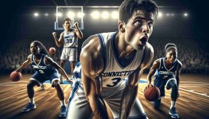 An HD image rendering of the University of Connecticut's iconic winning streak facing a difficult test. The scene captures the intensity and determination evident on the basketball court, with players giving their all under the pressure of maintaining the winning streak. Highlighted are two players in focus, a Hispanic male and a South Asian female athlete, giving a glimpse into the diverse talent in the team. Desperation and defiance reflect in their sweaty faces, their uniform awash in the university's signature blue and white.