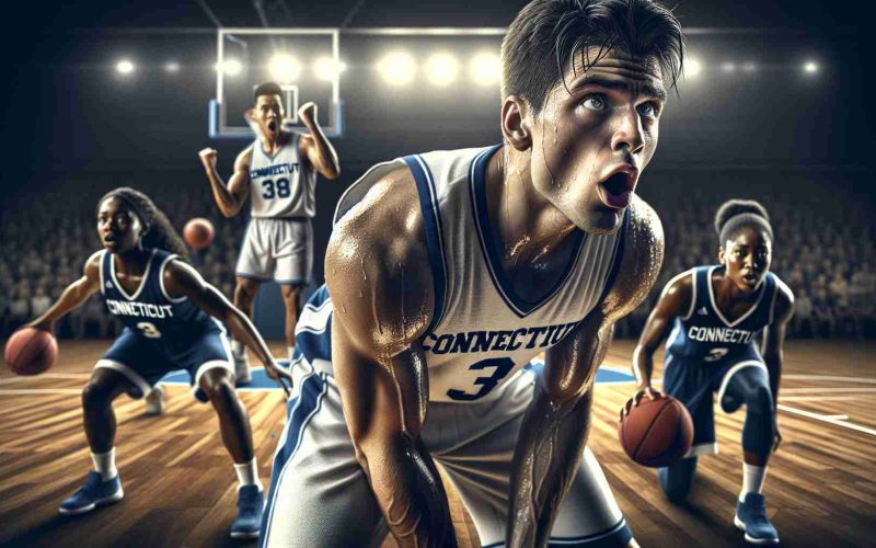 An HD image rendering of the University of Connecticut's iconic winning streak facing a difficult test. The scene captures the intensity and determination evident on the basketball court, with players giving their all under the pressure of maintaining the winning streak. Highlighted are two players in focus, a Hispanic male and a South Asian female athlete, giving a glimpse into the diverse talent in the team. Desperation and defiance reflect in their sweaty faces, their uniform awash in the university's signature blue and white.