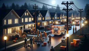 Realistic high definition photo depicting a scene where power has been restored in a community. The image shows the well-lit homes and street lights against the dark night sky, symbolizing the return of electricity. Workers from a power supplying company, each with different descents such as Caucasian, Hispanic and Black, are seen packing up their equipment in the background. The company logo isn't visible to maintain anonymity. The overall mood of the scene is one of relief and gratitude.