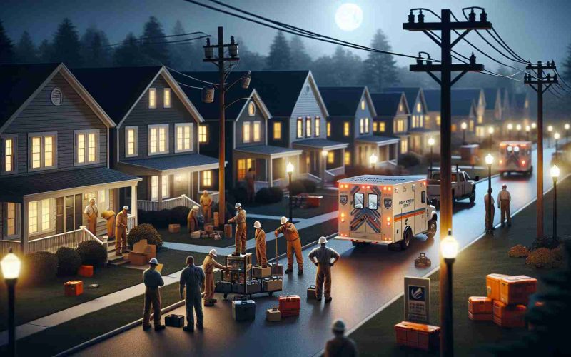 Realistic high definition photo depicting a scene where power has been restored in a community. The image shows the well-lit homes and street lights against the dark night sky, symbolizing the return of electricity. Workers from a power supplying company, each with different descents such as Caucasian, Hispanic and Black, are seen packing up their equipment in the background. The company logo isn't visible to maintain anonymity. The overall mood of the scene is one of relief and gratitude.