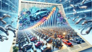 A high-definition, realistic image of a splendid news report celebrating thriving sales in the auto industry, embodying the triumphant atmosphere with large, bold headlines such as 'Record-Breaking Sales for Major Auto Manufacturers!' Ornaments on the page include symbolic representations of flourishing economics, like upward-pointing arrows and stacked bar charts showcasing the substantial rise in numbers. In the background, an abstract depiction of bustling automotive assembly lines fills the image, showcasing a variety of car designs, with dozens of robotic arms working efficiently to assemble the vehicles, reflecting the sheer industriousness of the thriving auto industry.