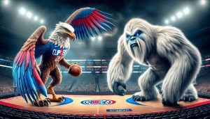 Detailed and high-resolution realistic interpretation of an exciting basketball match between two hard-hitting teams on tonight's schedule. Imagine the teams represented as two powerful mythical creatures, like a fierce griffin represented by the Clippers, with large talons and resplendent wings, against a formidable yeti depicted by the Nuggets, with its strong stance and icy glare. The backdrop could be an intricately designed basketball court buzzing with the anticipation of a nail-biting match.