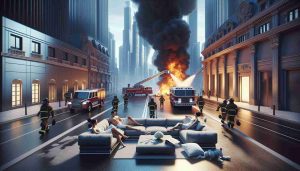 A high-definition, realistic image illustrating the concept of contrasting luxury and safety in the context of an emergency response in a cinematic city setting. The scene includes several nondescript figures, conveying a sense of affluence and leisure, seemingly indifferent to the looming danger represented by a dramatic firefighting scene in the background.