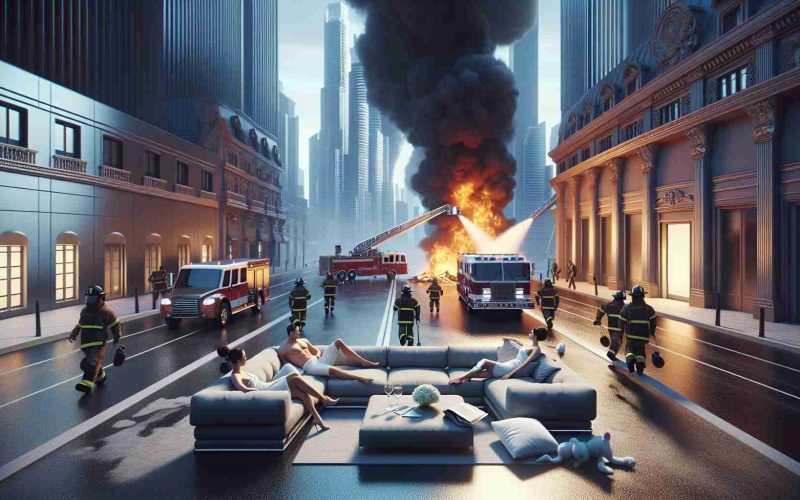 A high-definition, realistic image illustrating the concept of contrasting luxury and safety in the context of an emergency response in a cinematic city setting. The scene includes several nondescript figures, conveying a sense of affluence and leisure, seemingly indifferent to the looming danger represented by a dramatic firefighting scene in the background.