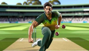 A high-definition realistic image of an impressive cricketer on the field. He is of Australian descent and showcases athletic physique, with a focused gaze on his face. His hair is short and dark, and he wears a green and gold outfit typical of national cricket teams. In action, he is either pitching the cricket ball with perfect form or readying himself to bat, determined and focused. The background shows a lush, immaculately maintained cricket pitch with spectator stands in the distance.