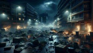 Generate an high-definition image depicting a tragic night in an anonymous city in Montenegro. The city is experiencing chaos and violence, with frightening scenes of upheaval, commotion, and unrest. The streets are filled with broken objects and debris, aftermath of a violent confrontation. The city lights are flickering, casting an eerie, unsettling light across the forsaken city. Buildings display signs of disrepair and neglect, their shadows looming ominously against the dark sky. This scene depicts the tragic reality of conflict and civil unrest.