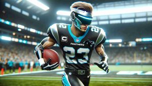 High definition, realistic picture of a young athlete in a Panthers' team uniform, seemingly in the future due to modernistic upgrades to the uniform and the field. The athlete just made an incredible play that leaves spectators in disbelief, and their name, 'Bryce Young', is visible on their jersey.