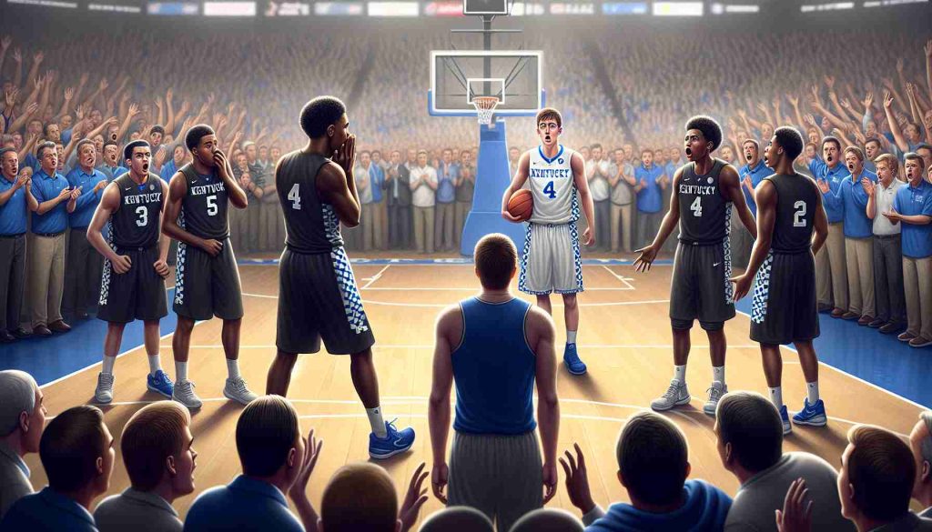 A realistic high-definition illustration depicting a poignant moment in a college basketball game. A key recruit, who was highly sought after by multiple teams, is choosing to play for a rival team, leaving the Kentucky Wildcats astonished and disappointed. The scene reflects the emotional intensity of the situation with players' expressions, the overall atmosphere in the stadium, and the mixed reactions of the crowd.