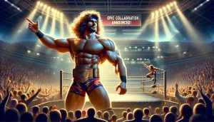 A high-definition and realistic illustration showing a popular, athletic Caucasian male professional wrestler, known for his long curly hair and flamboyant attire, making a grand re-entry into the wrestling ring. The background authentically captures the electrifying atmosphere of a wrestling event, complete with a roaring crowd. The scene also features a large display banner that reads: 'Epic Collaboration Announced!'