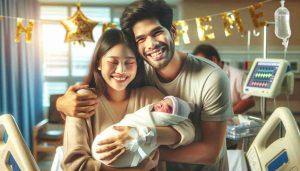 Create a detailed and realistic high-quality image of a joyful South Asian couple holding their newborn baby in a hospital room, adorned with celebration decorations hinting at the start of a new year. The room is softly lit, and the baby is sleeping peacefully wrapped in a warm blanket. The couple is beaming with happiness and exhaustion, their eyes gleaming with emotions. The atmosphere is one of love, happiness, and the exhilaration of a new family adventure.