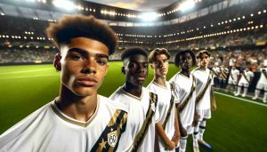 Portrait of emerging football players from a popular European football club. These new athletes, from varied descents such as Caucasian, Black, and Hispanic, are demonstrating their skills on the vibrant green football field under the bright stadium lights. They are wearing white and gold uniforms, sharply contrasting against the pitch. The spectators in the background express their excitement with banners and cheers, embodying the electric atmosphere of the sports event.