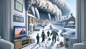 Produce a realistic, high-definition image showing the anticipation of a snowy weekend. The scene should capture various elements suggestive of an incoming snowstorm – heavy grey clouds building in the sky, a weather forecast on a TV screen highlighting the snowstorm, people dressed in thick winter clothes carrying shovels and bags of salt, and homes in the background with smoke billowing from chimneys. Also, to add an element of intrigue about 'what's coming next', include some subtle signs of an unusual event, like footprints of a large, unidentifiable animal in the snow.