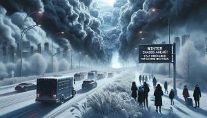 A high-definition realistic scene visualizing the chaos of an upcoming winter storm. It portrays ominous dark clouds sprawling over a frost-laden landscape, an amalgamation of cold tones and a sense of foreboding impending weather. Small flurries of snow start to fall, marking the beginning of the severe weather. Vehicles, perhaps some public transportation like a bus, with snow chains on tires, and people of various descents and genders, preparing by wearing heavy winter coats and scarves, standing with cities' infrastructure like street lamps and buildings in the backdrop. A digital road sign reads 'Winter Chaos Ahead! Stay Prepared for Severe Weather.'