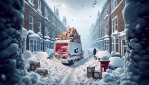 A hyperrealistic, high-definition depiction of a wintry scene that illustrates a dilemmatic scenario of a disrupted mail service. A snow-blanketed street is seen with snowflakes gently falling from the grey skies. In the centre, observe a red post van stranded, flanked by towering heaps of snow on either side. Multiple parcels can be seen piled high in the back of the vehicle, indicating their potential delay in delivery. Pedestrians on the sidewalks, bundled up in warm gear, look at the scene with concern, demonstrating the urgency and significance of receiving their packages on time. The atmosphere is tense, reflecting the uncomfortable predicament posed to both the delivery service and the neighborhood which relies on it.