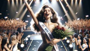 A high-definition, realistic image displaying a jubilant young woman, of any descent, adorned in a stylish evening gown and a sash. She is standing on a stage with bright lights and the atmosphere of celebration around. Her sash reads 'Miss America 2025'. She expresses joy and accomplishment, and holds a large bouquet of roses in one hand, while in the other hand, she grasps a sparkling diamond-studded tiara. In the background of the image, a large crowd is applauding, sharing her moment of triumph.